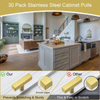 AEEKEL 30 Pack Brushed Brass Cabinet Knobs Single Hole Drawer Pulls, 2" Length Square Stainless Steel Kitchen Handles for Bedroom Bathroom Office