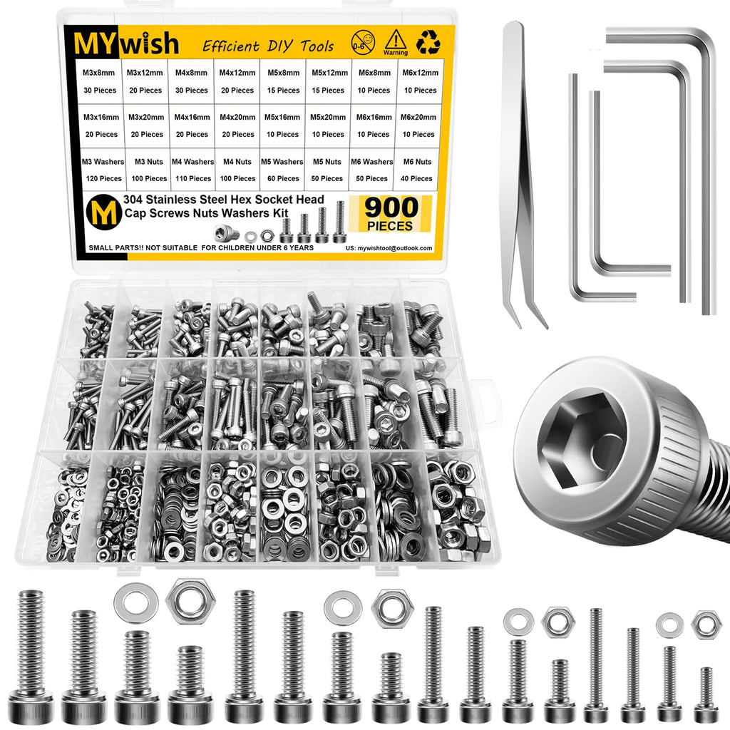 Mywish 900Pcs M3 M4 M5 M6 Metric Screw Assortment, 304 Stainless Steel Nuts and Bolts, Hex Socket Head Cap Metric Bolts/Nuts/Flat Washers Kit Anti Rust 16 Sizes 8mm to 20mm, Hex Wrenches