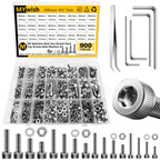 Mywish 900Pcs M3 M4 M5 M6 Metric Screw Assortment, 304 Stainless Steel Nuts and Bolts, Hex Socket Head Cap Metric Bolts/Nuts/Flat Washers Kit Anti Rust 16 Sizes 8mm to 20mm, Hex Wrenches