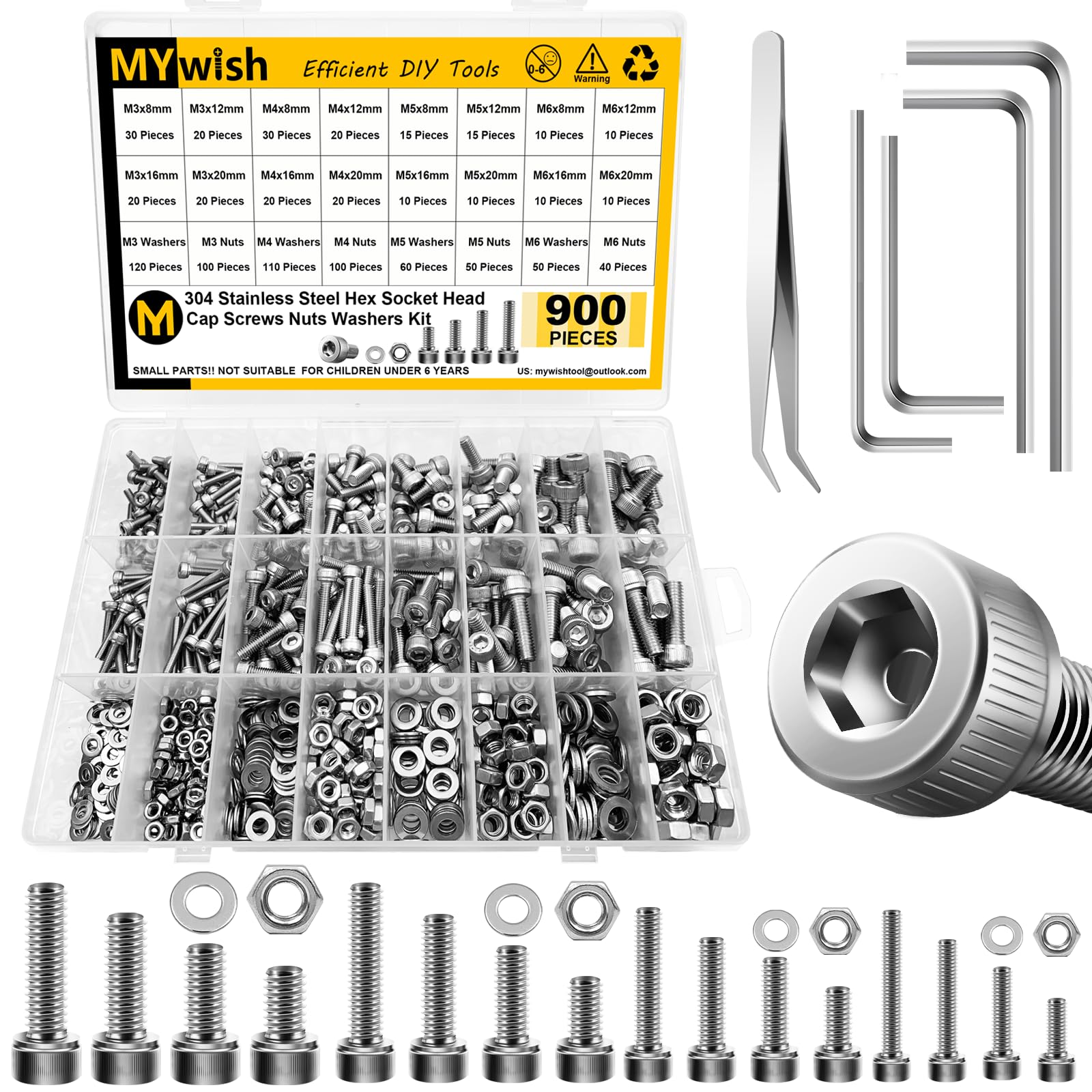 Mywish 900Pcs M3 M4 M5 M6 Metric Screw Assortment, 304 Stainless Steel Nuts and Bolts, Hex Socket Head Cap Metric Bolts/Nuts/Flat Washers Kit Anti Rust 16 Sizes 8mm to 20mm, Hex Wrenches
