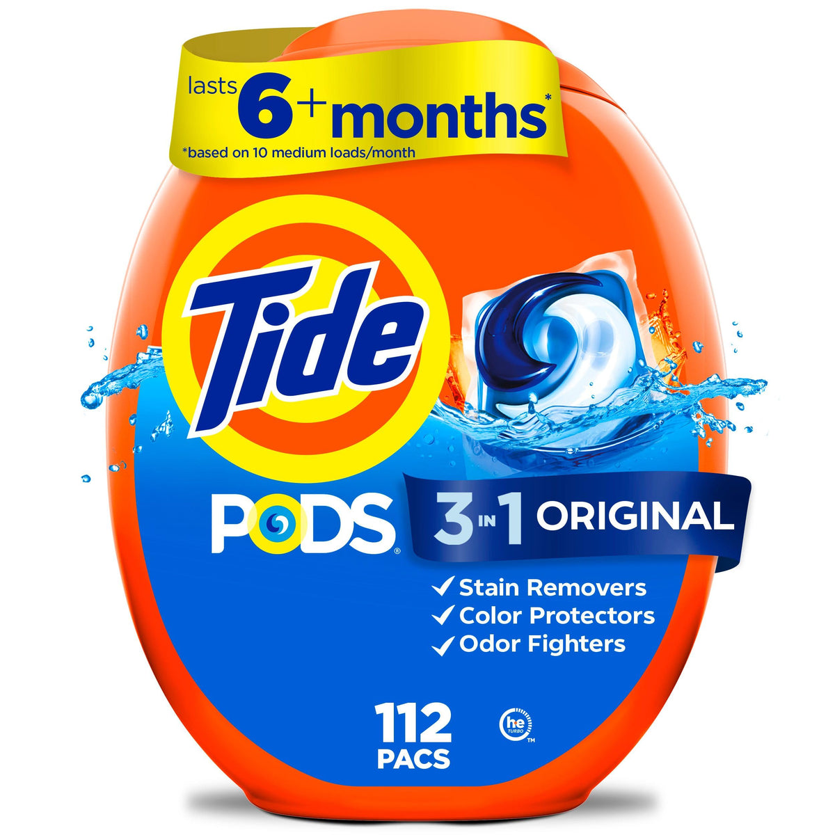 Tide PODS laundry detergent pacs, 3-in-1 Stain Remover, Odor Fighter, Color Protector, 112 Count, HE compatible, Original Scent