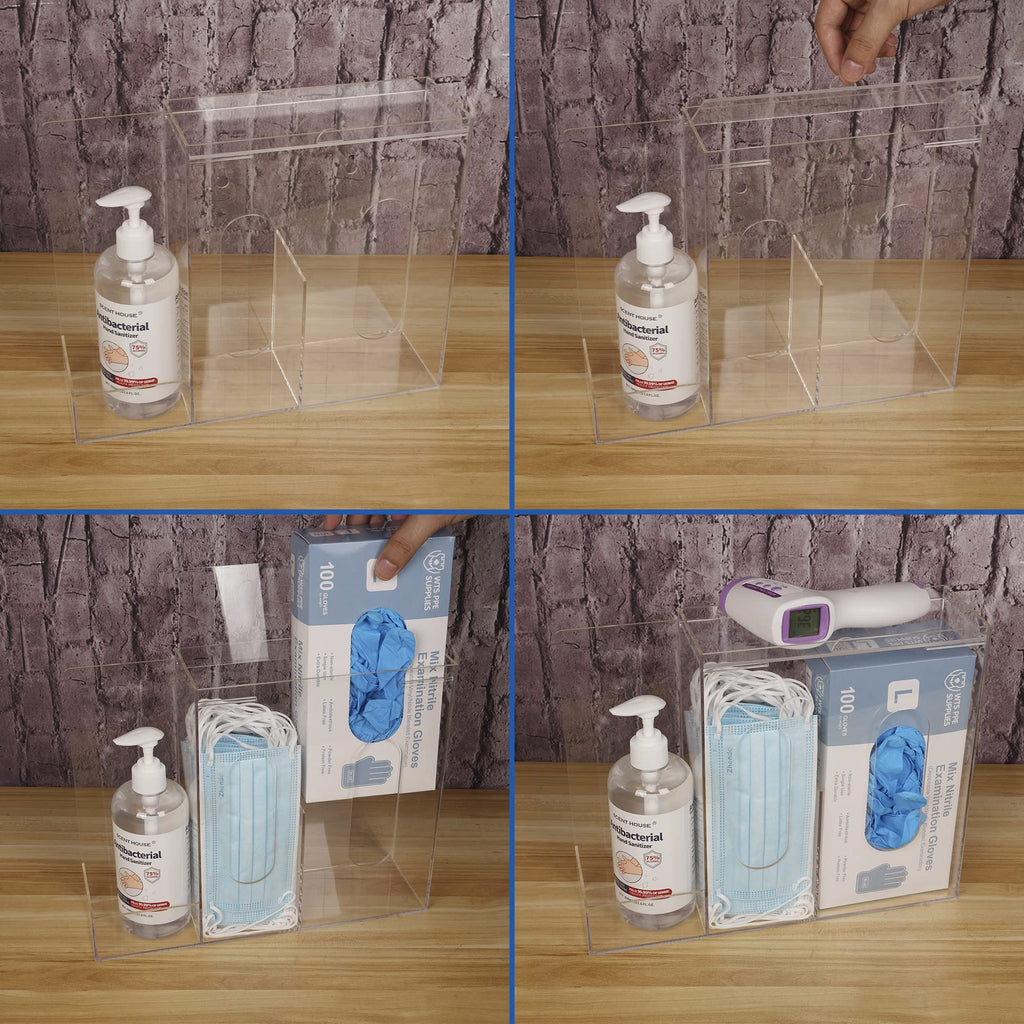 SEANADO Face Mask Dispenser 3 Compartment Acrylic Glove Box Holder Hygiene Station for Disposable Face Masks, Emesis Bag, Shoe Cover and Hairnet, Wall Mount Holes or Tabletop Holder （Clear）