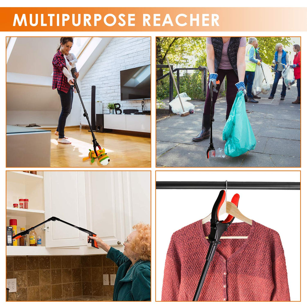 THINKWORK Grabber Reacher Tool, 0°-180° Angled Arm, 90° Rotating Head, 32” Foldable Claw Grabber with"LED Light", Garbage Collector, Arm Extension Picker for Elderly, Pregnant Women&Sanitation Workers