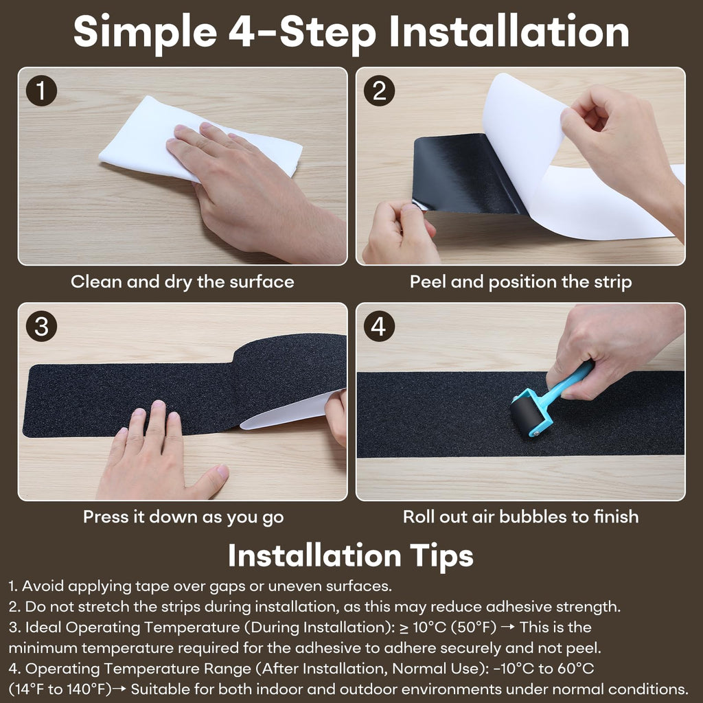 Ealyder Tape Non Slip Tape 6 inch X 30 inch (10-Pack) - Outdoor Waterproof Non Skid Tape, Stair Treads Anti Slip Tape for Step, Deck, Pre-Cut Anti Slip Tape, Black with Roller