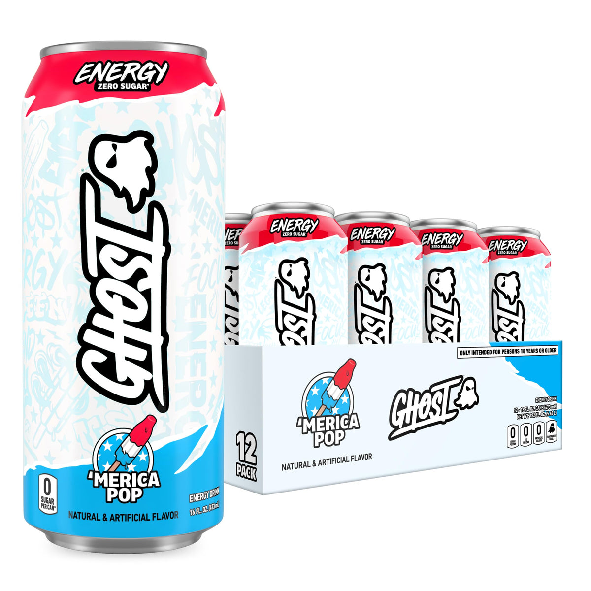 GHOST Energy Drink, Zero Sugars, 12-Pack, 'Merica Pop, 16oz