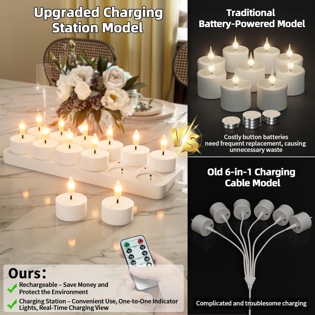 Rechargeable Flameless Tea Lights Candle with Charging Station Remote 12Pcs
