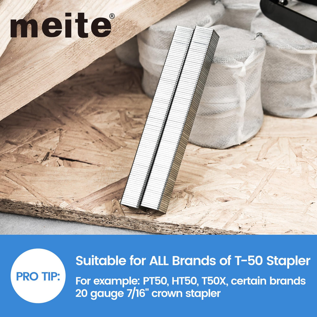 meite Staple Gun Staples, 9/16 Inch Length Heavy Duty T50 Staples, Galvanized, 20 Gauge 3/8 Inch Crown, Compatible with T50 Staple Gun, Ideal for Upholstery, Construction, Furniture (1,512 Counts)