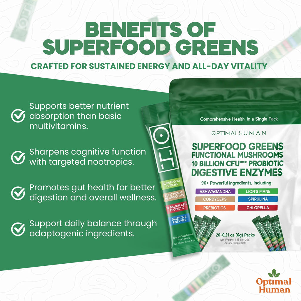 Optimal Human Superfood Greens Powder – 90+ Ingredient Blend with Lion’s Mane Supplement, Ashwagandha & Turmeric – Non-GMO, Soy-Free, Mushroom Supplements – 20 Sachets