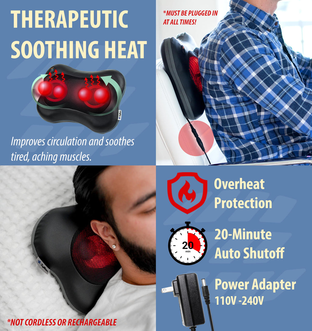 Zyllion Shiatsu Back and Neck Massager with Heat - 3D Electric Kneading Deep Tissue Massage Pillow for Muscle Pain Relief, Black, ZMA-13