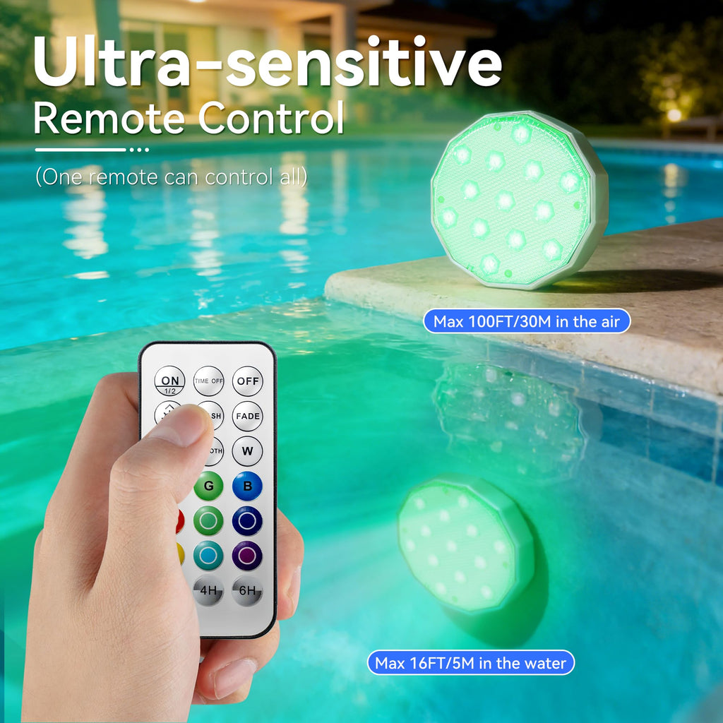Ollny Pool Lights with Remote, Rechargeable Submersible LED Lights 3000mAh Battery, 16 Colors Changing IP67 Waterproof LED Puck Lights for Above Ground Pools, Inground Pool, Ponds, Hot Tubs 4 Pack