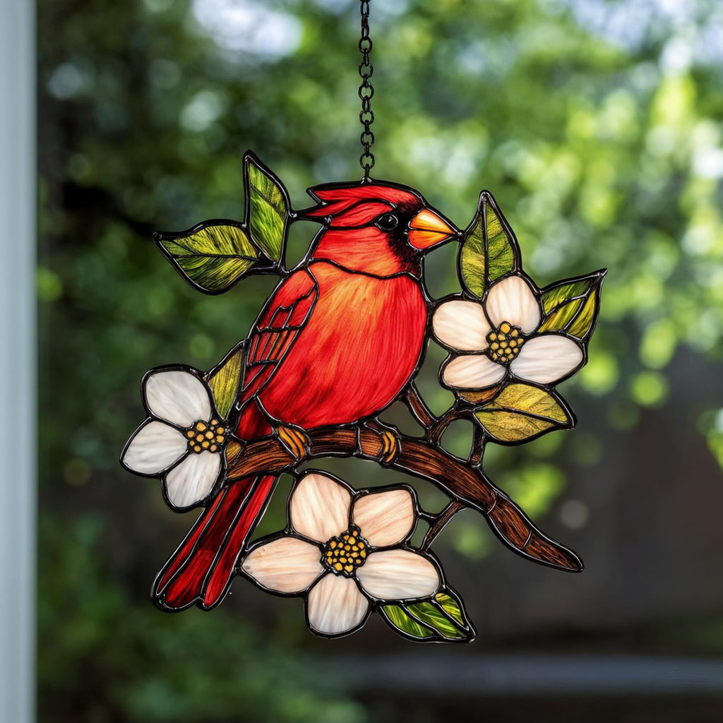 GIKZO Cardinal Resin Suncatcher Size 6 Inches, Boho Stained Glass Effect Memorial Window Hanging Garden Decor, Gift for Mother's Day Mom Grandma Wife Women