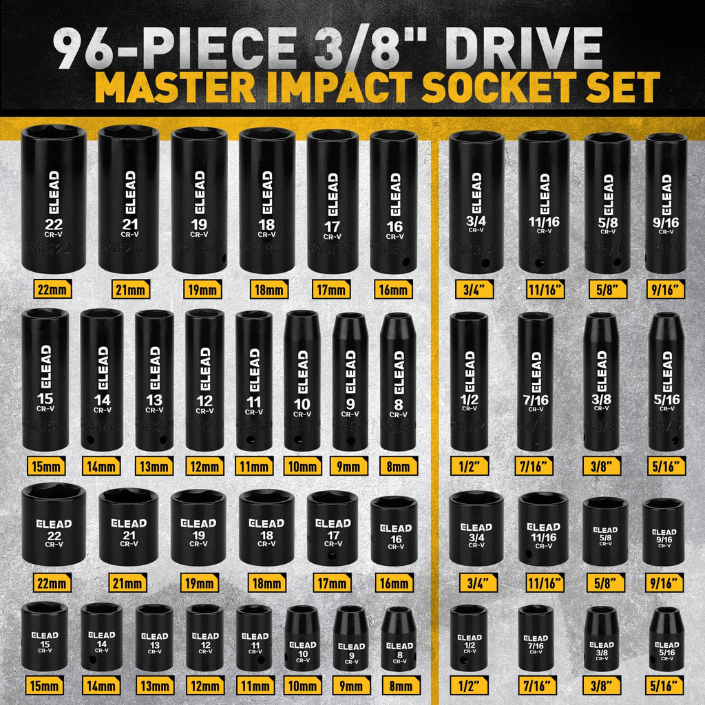 96-Piece 3/8" Drive Impact Socket Set, SAE(5/16 to 3/4-Inch) & Metric(8-22mm), Standard & Deep Sockets, Ratchet Handle, Bit Set, Universal Joint, Extension Bar, Adapters, Spark Plug Sockets