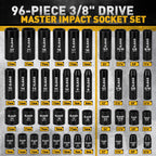 96-Piece 3/8" Drive Impact Socket Set, SAE(5/16 to 3/4-Inch) & Metric(8-22mm), Standard & Deep Sockets, Ratchet Handle, Bit Set, Universal Joint, Extension Bar, Adapters, Spark Plug Sockets