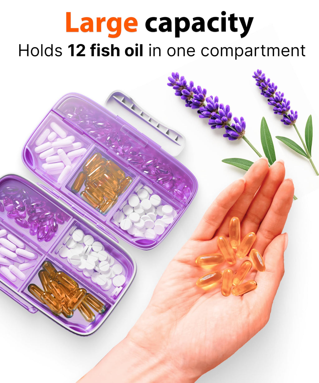 Travel Pill Organizer – Moisture-Proof Medicine Pill Organizer with Labels, 8 Compartment Pill Box Case for Vitamins & Supplements, Portable Pocket Pharmacy (Purple)