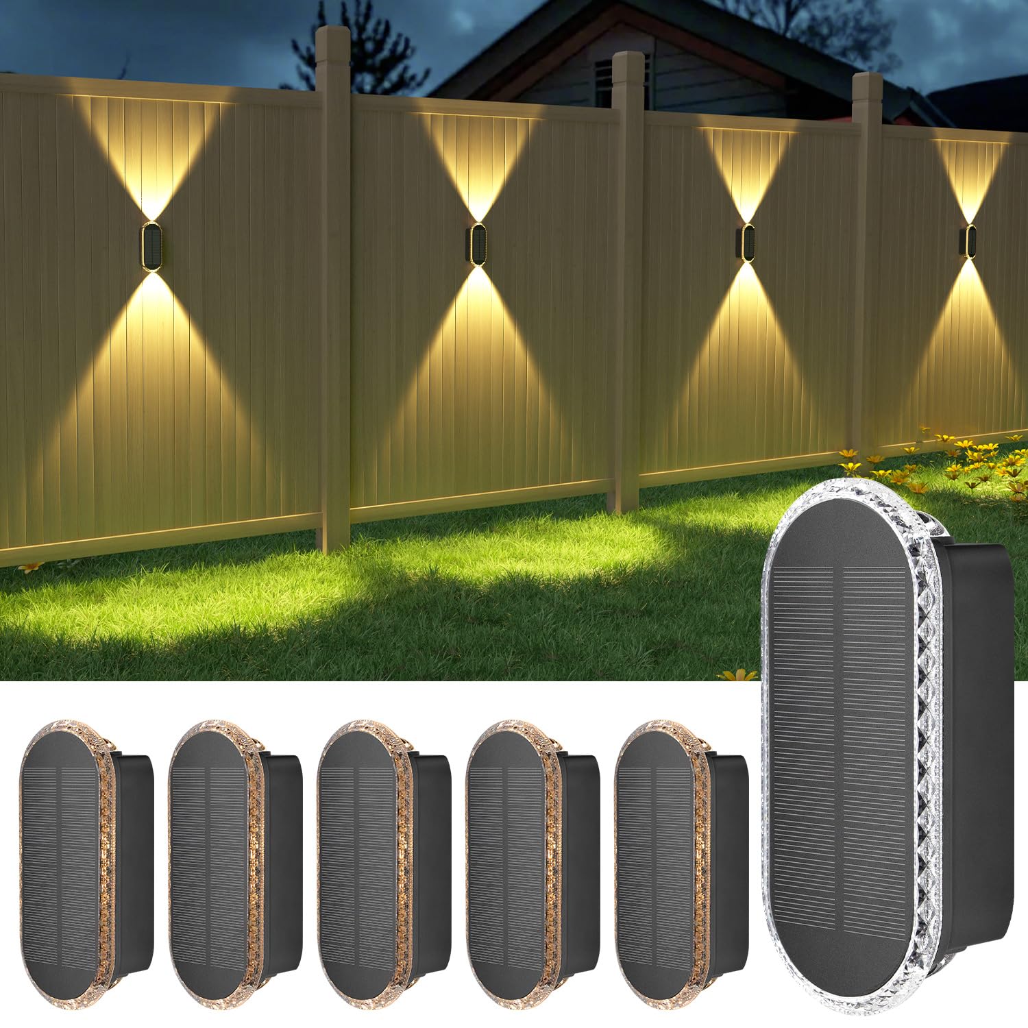 Ellasay Solar Fence Lights Outdoor: 6-Pack Solar Powered Wall Lights Up and Down Waterproof IP65-3 Color Brighter LED Focus Lens SolarLights Dusk to Dawn 12h for Patio/Backyard/Porch/Railing