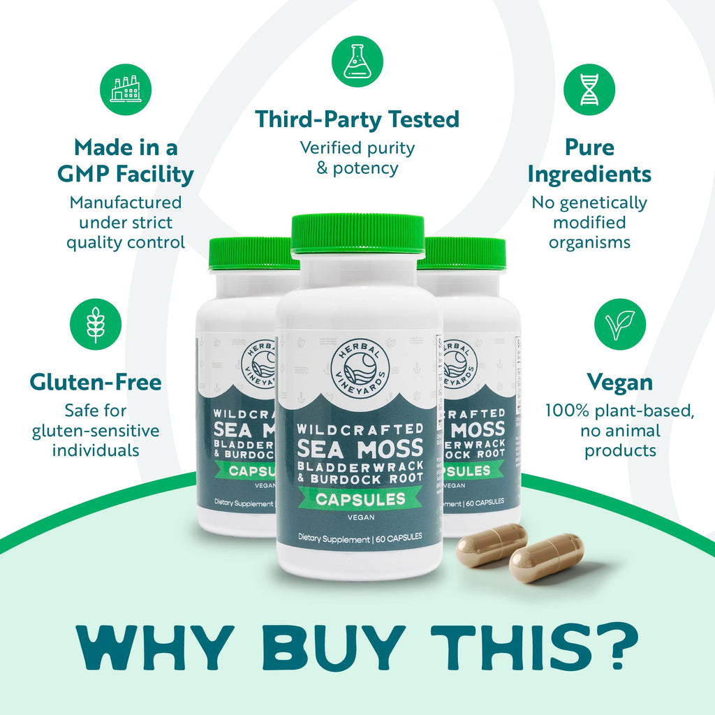 Herbal Vineyards Organic Wildcrafted Vegetable 60 Capsules | 1500MG | Pack of 2 | Irish Sea Moss, Bladderwrack and Burdock Root, Immune Support, Healthy Skin & Energy | Powerful Immunity Booster