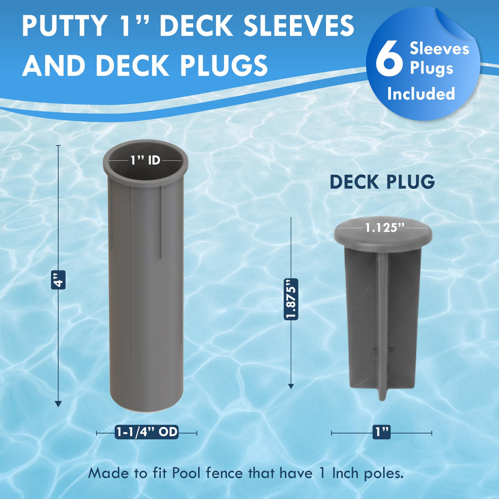 Pool Fence Deck Sleeves & Hole Caps - Putty 6 Pack - 1 Inch Pole Fencing, Inserts with Plugs, Universal Fit for DIY Safety Fence,