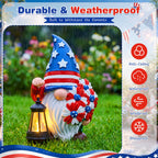 Capoda Solar Patriotic Gnome Statue 8" Garden Resin Gnome Figurine Holding Lantern with Solar LED Lights Decorations for Table 4th of July Independence Day Outdoor Yard Patio Lawn Decor