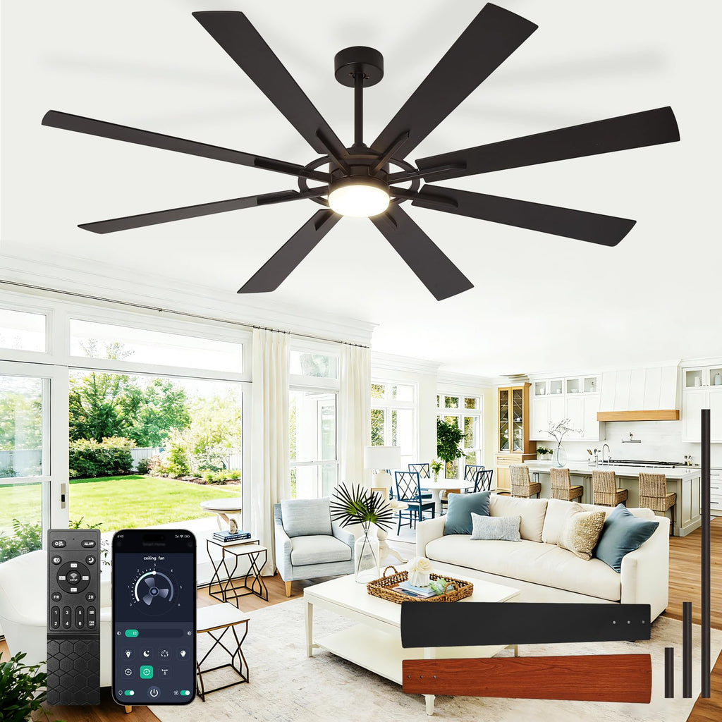 BvenuBigLite Large Ceiling Fans with Lights: Modern 72 Inch 8 Blade Outdoor Ceiling Fan with Remote APP Control - Dimmable Black Big Fan Light Indoor Reversible 6 Speed Quiet DC Motor