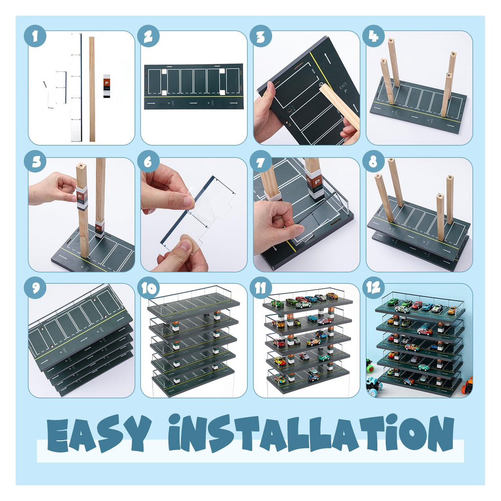 Seenelling Hot Diecast Wheels Parking Garage 1/64 Scale Model Toy Car Display Garage Hot Diecast Wheels Storage Display Case with 5 Levels 30 Parking Spaces Maximum 50 Cars for Adult Son Grandson Gift