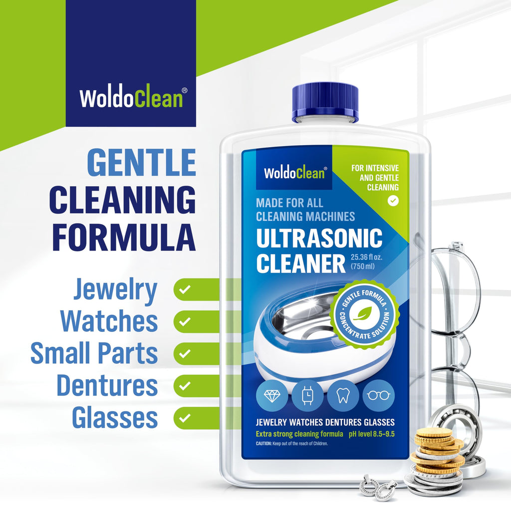WoldoClean Ultrasonic Cleaner Solution Concentrate - 25.4 Fl Oz Makes 8 Gallons for Eyeglass, Sunglasses, Retainer, Denture, Aligner, Razor and Gun Parts