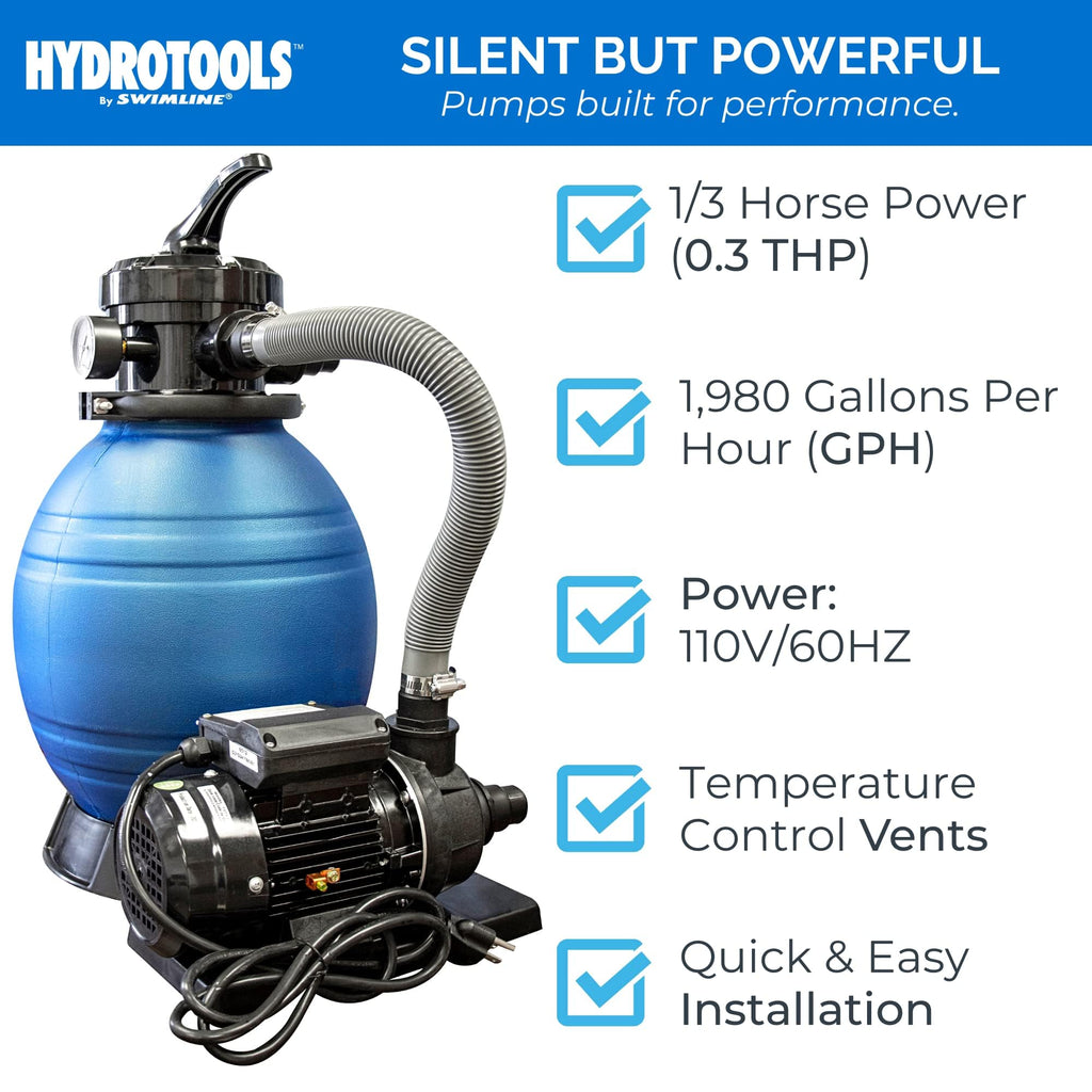 SWIMLINE HYDROTOOLS Complete Sand Filter System, 12" Tank - for Above-Ground Pools Up to 8,000 Gallons, Single Speed Pump, 0.3 THP, 1,980 GPH, 4-Way Multi-Port Valve, 42 lb Capacity