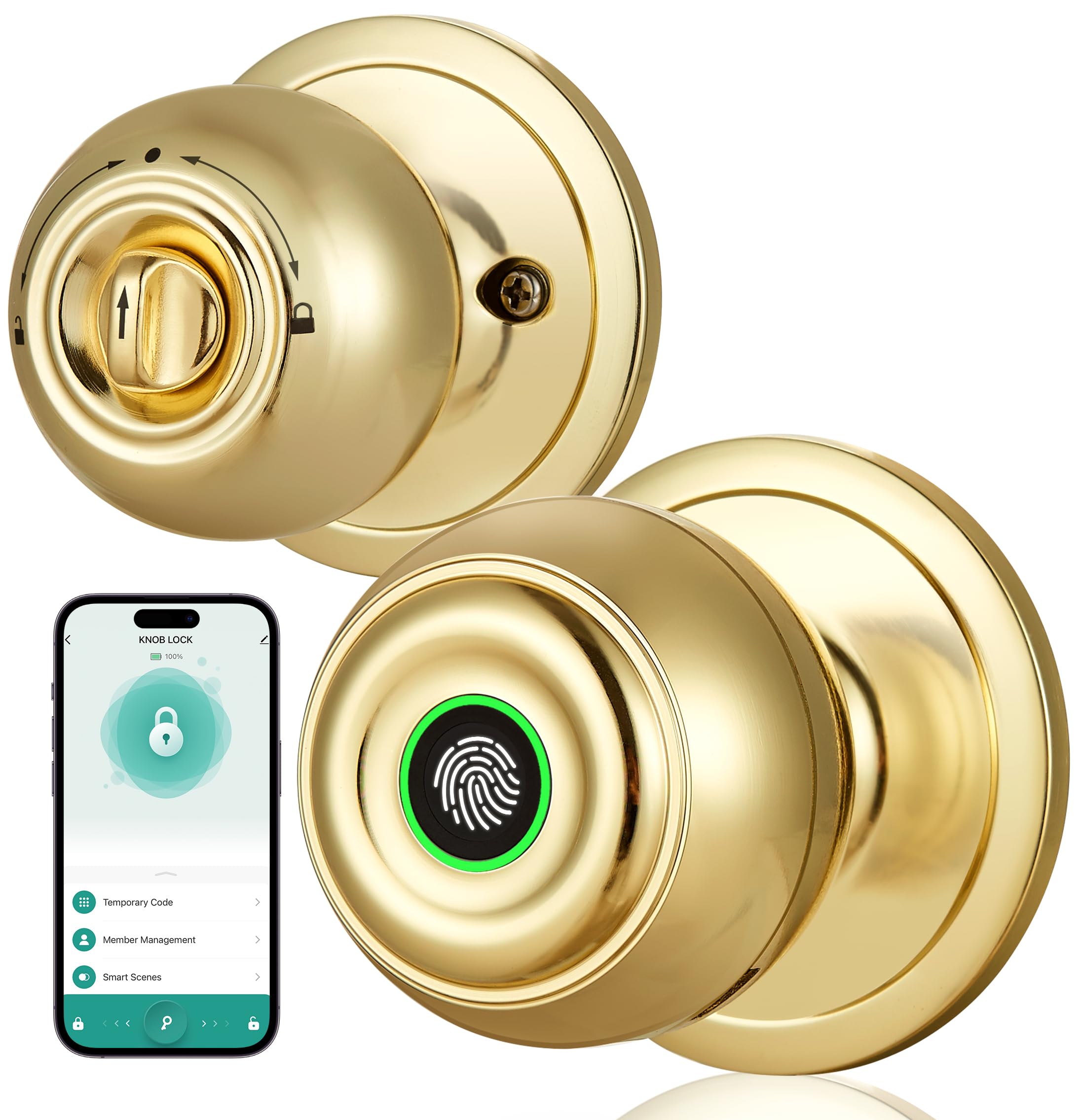 KLLOQUE Fingerprint Door Lock, Smart Fingerprint Door Knob with Lock, Biometric Door Locks with App Control & Key, Keyless Thumbprint Entry Door Locks for Bedroom, Front Door, Home, Apartment-Brass