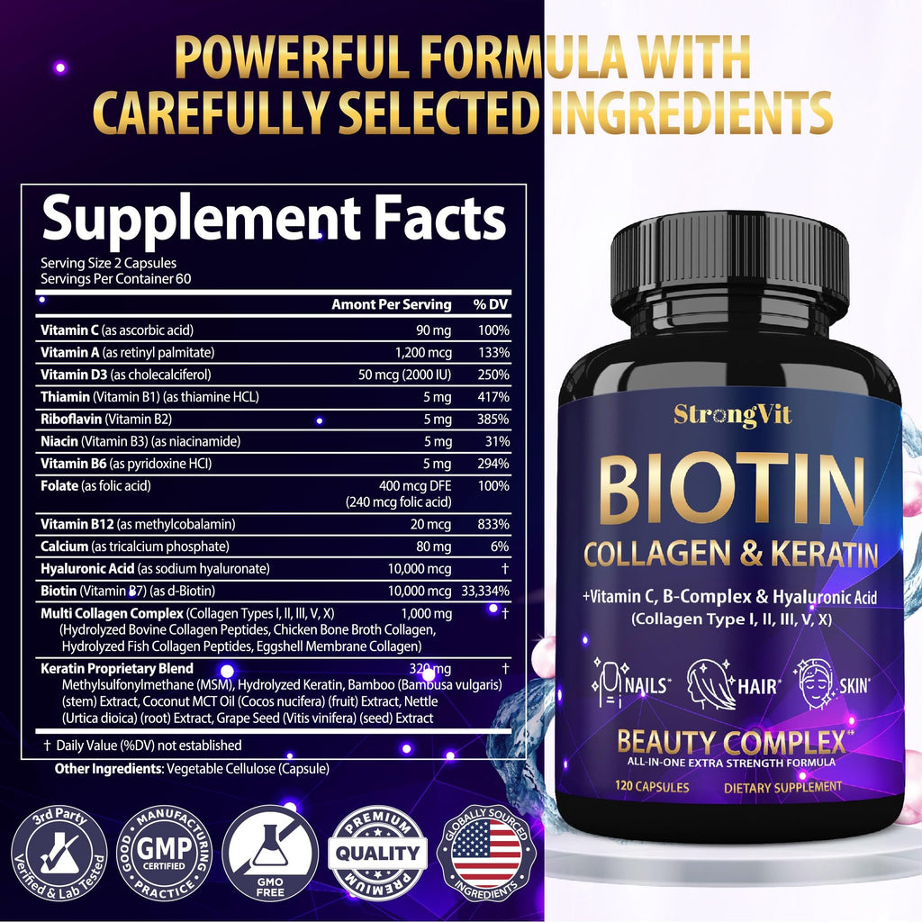 StrongVit Biotin with Hyaluronic Acid, Keratin, and Collagen Supplements - Hair Growth Vitamins for Women, Healthy Nails and Skin, B1, B2, B3, B6, B7 Complex, USA (120 Capsules)