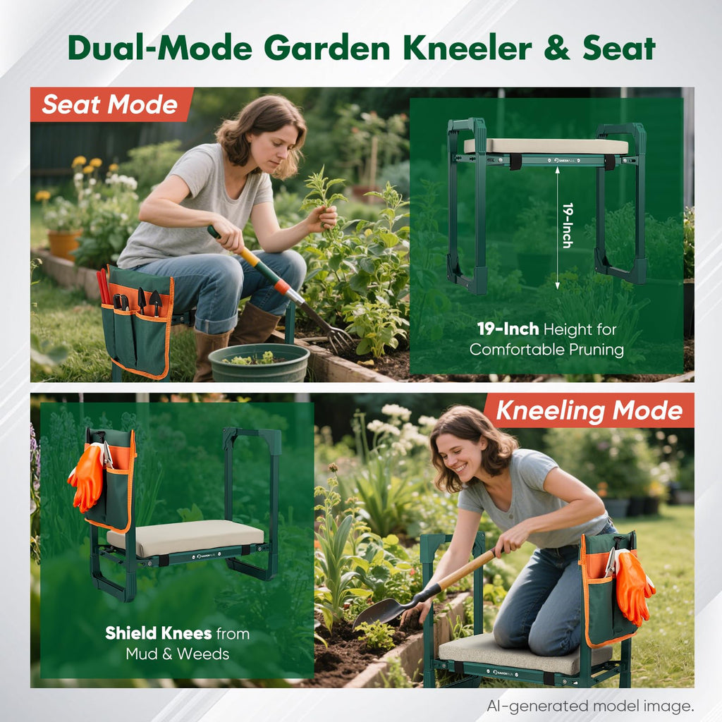 SakerPlus Garden Kneeler and Seat,Heavy Duty Foldable Garden Stool with 10-Inch Thickened Pad, Extendable Legs, Tool Bag and Storage Bag,Gardening Gift Choice for Women Mom Men Seniors