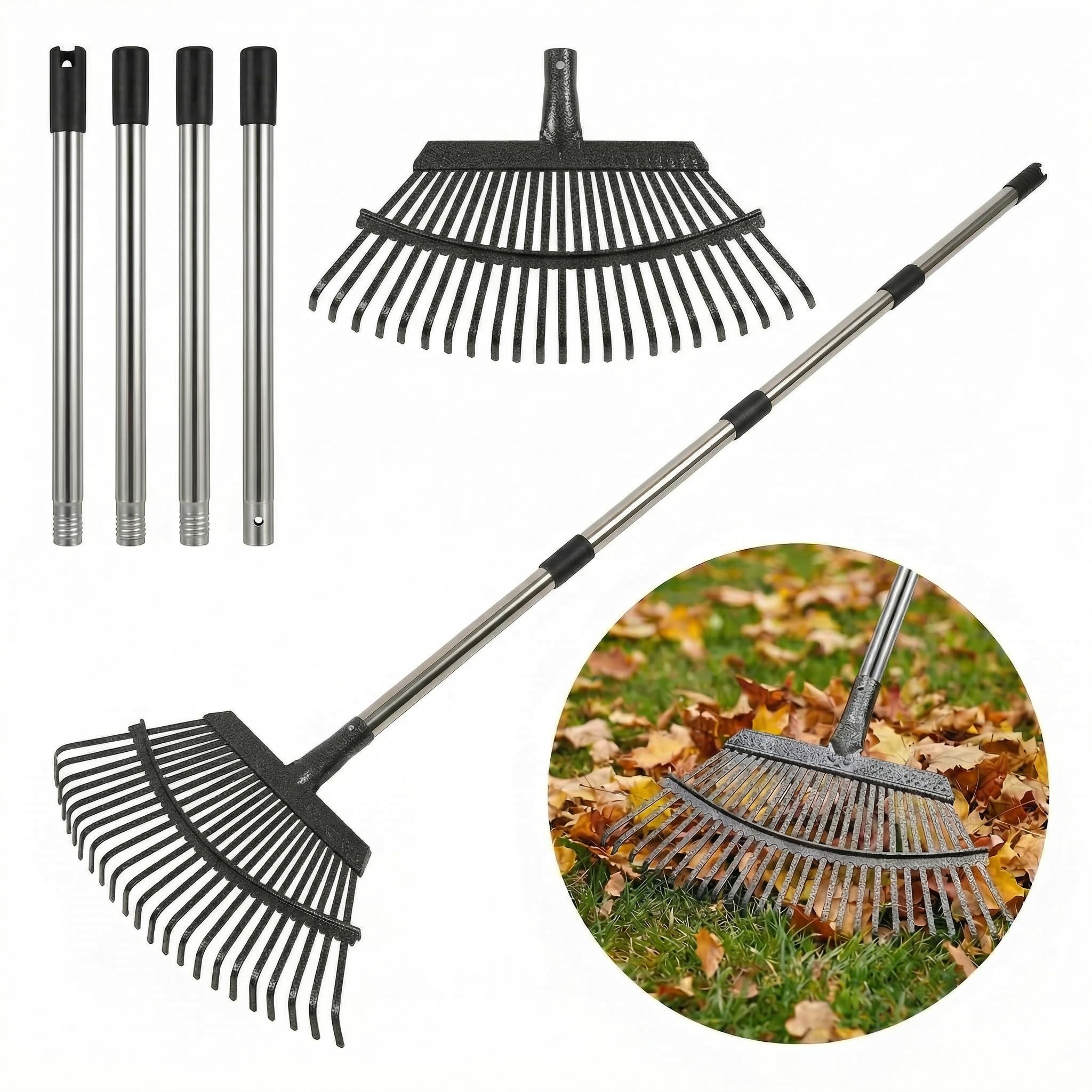 Metal Bow Leaf Rake with 25 Steel Teeth & 68" Stainless Steel Handle