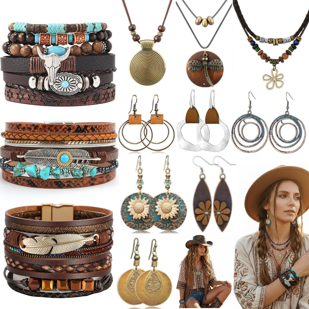12 Pcs Boho Jewelry Set for Women Western Jewelry Long Pendant,Vintage