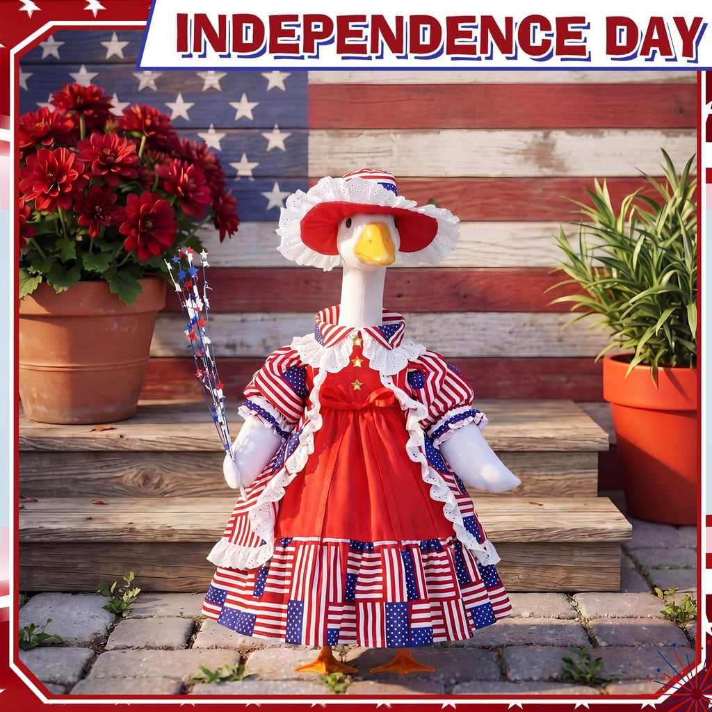 FuWeave 4th of July Porch Goose Outfit for 23'' Plastic Patriotic Cement Goose Statue Clothes Skirt Costume for Independence Day Outdoor Patio Yard Lawn Decor(Style3)