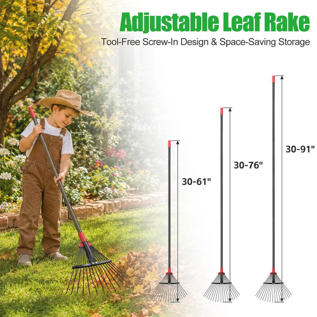 76Inch Adjustable Metal Leaf Rake, 18 Metal Tines Heavy Duty Leaves Rake for Lawns with 8-18" Expandable Head Long Handle Garden Rakes for Leaves Yard Gardening Grass Outdoor Camping Debris