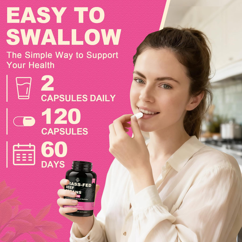 SKLIA Beef Organ Supplement for Women - Beef Liver, Kidney, Heart, Uterus Tissue, Ovary | Supports Women's Overall Energy and Wellness | Grass Fed, Pasture Raised in New Zealand, 120ct,1P