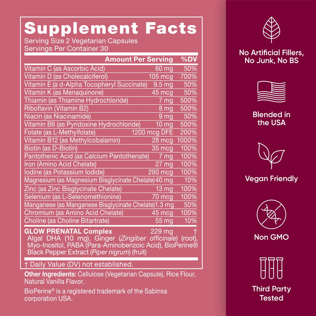 Eu Natural Glow Prenatal Vitamins for Women - 20-in-1 Prenatal Multivitamin with Folate & Vegan DHA - Supports Healthy Pregnancy, Fetal Development & Mom’s Comfort - 120 Vegetarian Capsules