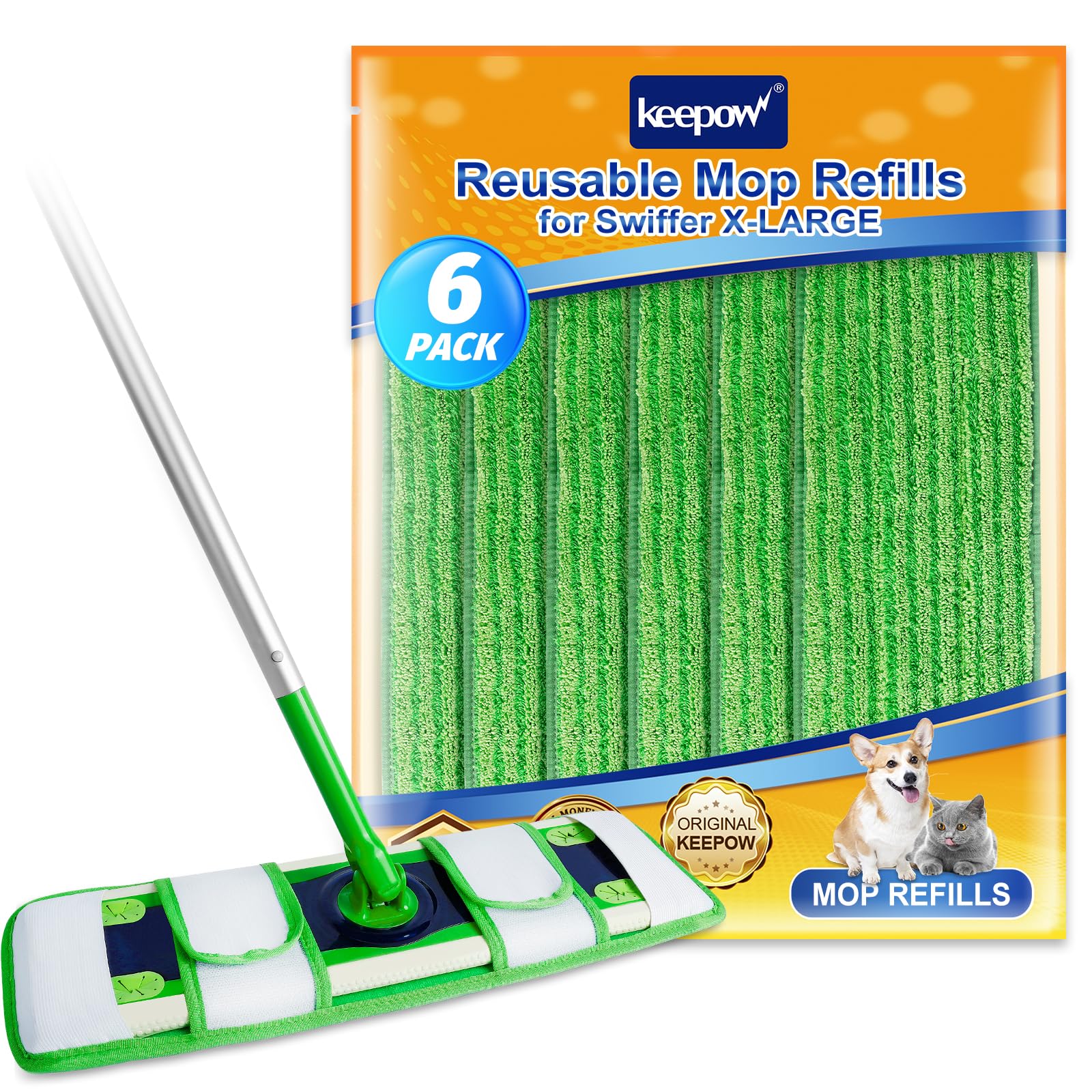 KEEPOW XL Mop Pads Compatible with Swiffer Sweeper XL, 6 Pack Wet Pads Refills Dry Sweeping Cloths, Reusable Pads for X-Large