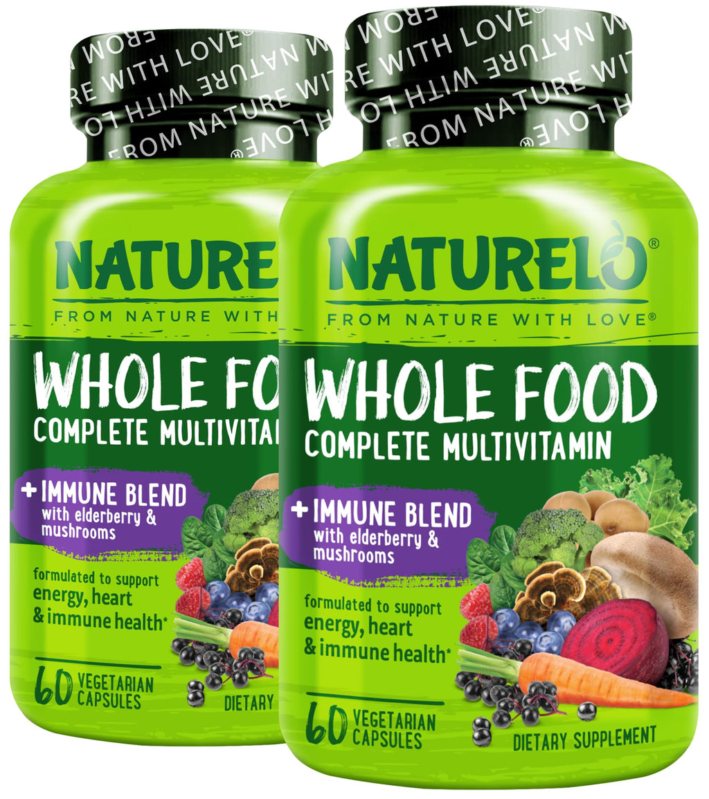 NATURELO Whole Food Multivitamin + Immune Blend with Elderberry & Mushrooms - Complete Multivitamin with Extra Immune Support - C, D3, Zinc, Elderberry, Reishi, Shitake, 60 Vegan Capsules (Pack of 2)