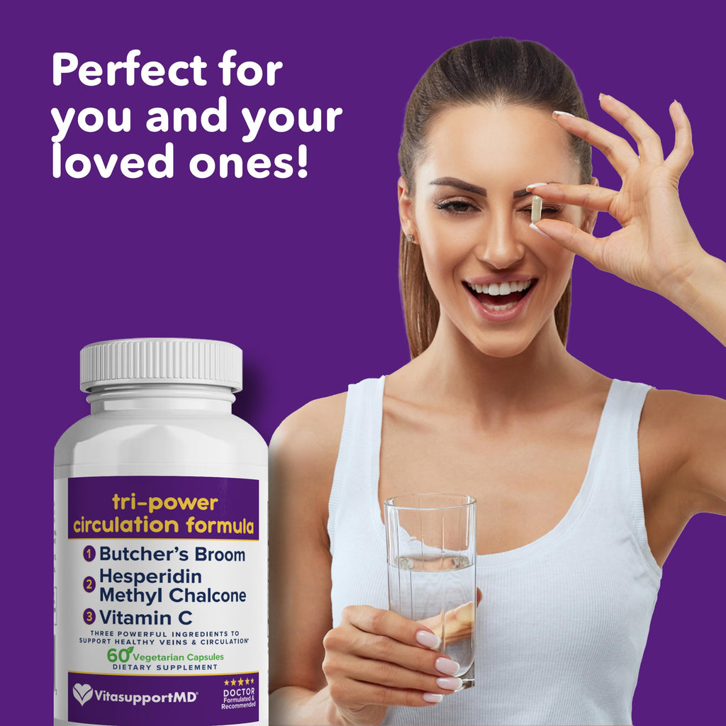 VITASUPPORTMD Tri-Power Circulation Formula - Circulation Supplement with Butcher's Broom, Hesperidin Methyl Chalcone, and Vitamin C, 60 Capsules, for Blood and Leg Circulation, Vein Health Support