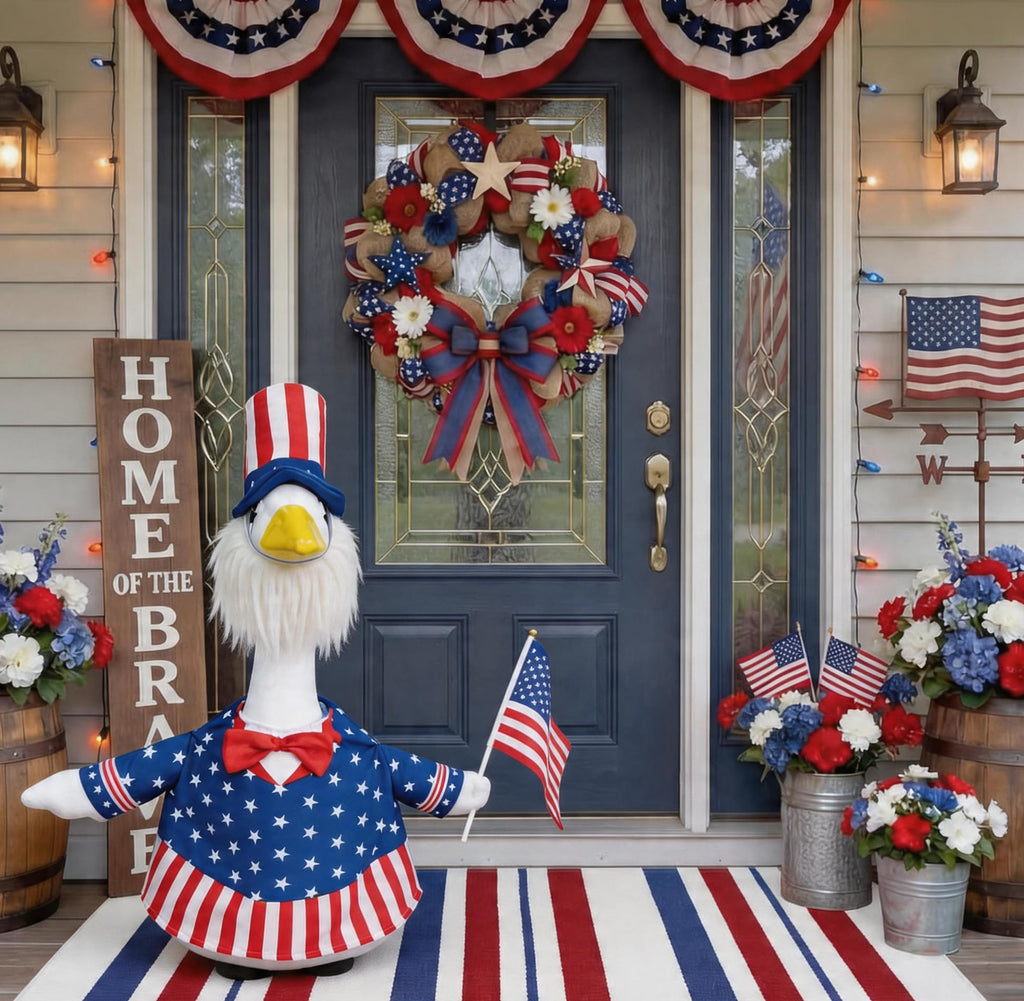 Flying Childhood 4th of July Porch Goose Outfit, 23’’ Lawn Goose Statue Uncle Sam Patriotic Geese Costume, Independence Day Yard Goose Clothes for Garden Patio US 250th Anniversary Decoration