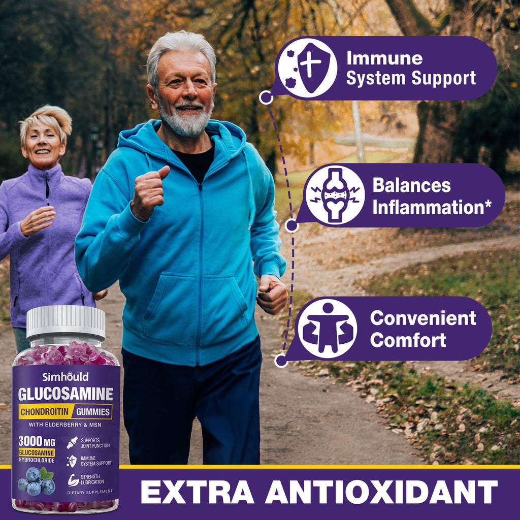 Simhould Glucosamine Chondroitin Gummies - 3000MG Extra Strength Joint Support Supplement with MSM & Elderberry, Flexibility, Antioxidant Immune Support Gummy for Adults, Men & Women
