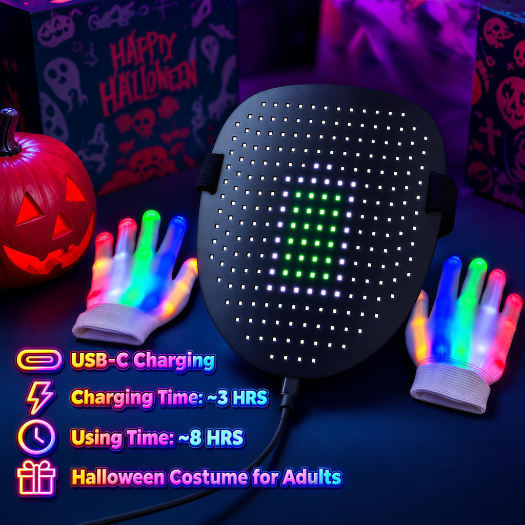 LED Light Up Mask with Gloves Set, Halloween Costume Cool Stuff for Adults