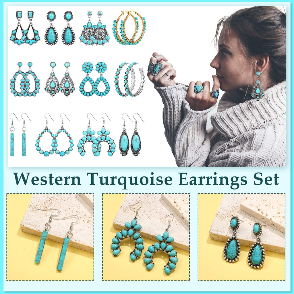 Trnayi 12 Pairs Turquoise Earring Set for Women Turquoise Bohemian Dangle Stud Earrings Round Metal Earrings Boho Vintage Oval Earring Metal for Jewelry(Fresh Style,Green)