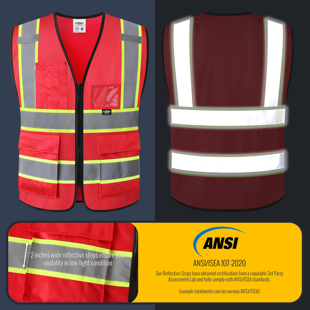 JKSafety Safety Vest for Men Women Hi Vis Vest with Pockets and Zipper Front Reflective High Visibility Vests Meet ANSI Standard Red Color Extended Yellow Strips (BX320-Red 3XL) 1 Piece