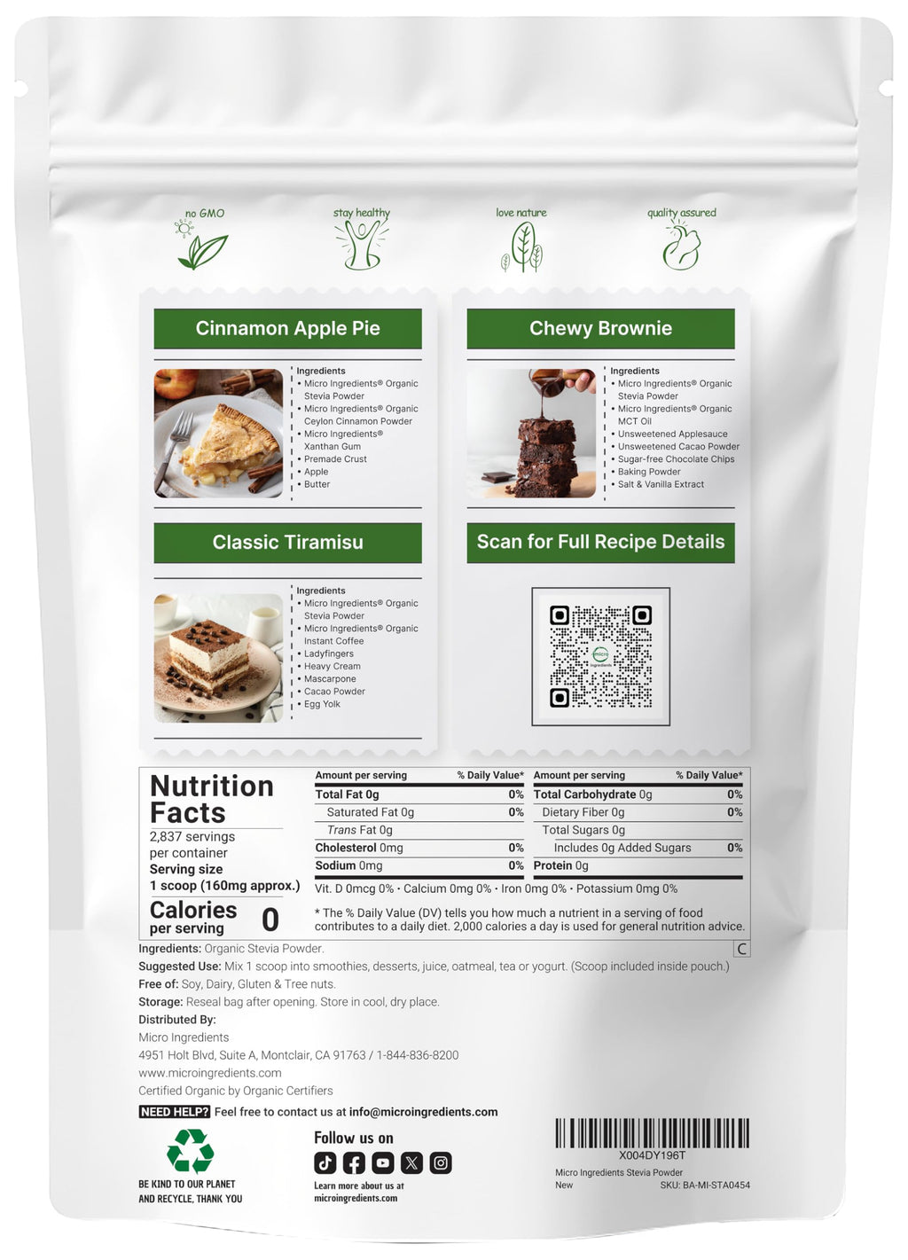 Micro Ingredients Pure Organic Stevia Powder, 1 Pound, 2,837 Servings, Highest Grade Stevia Green Leaf Extract Reb-A, Reduced Bitter Aftertaste, 0 Calorie, Natural Sweetener, Sugar Alternative, Keto Friendly