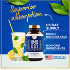 HMB and Vitamin D3 Supplement - Muscle Growth, Strength, Performance and Recovery Support - B-Hydroxy B-Methylbutyrate, D3 Plus Calcium, 1,000 MG HMB Supplements - 180 Days, 360 Capsules