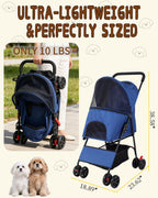 Pet Stroller for Small Medium Dogs Cats - Lightweight 10lbs Foldable Dog Stroller, Breathable Mesh & Safety Tether, 33lbs Capacity with Locking Wheels, Storage Basket for Outdoor Walks-Blue