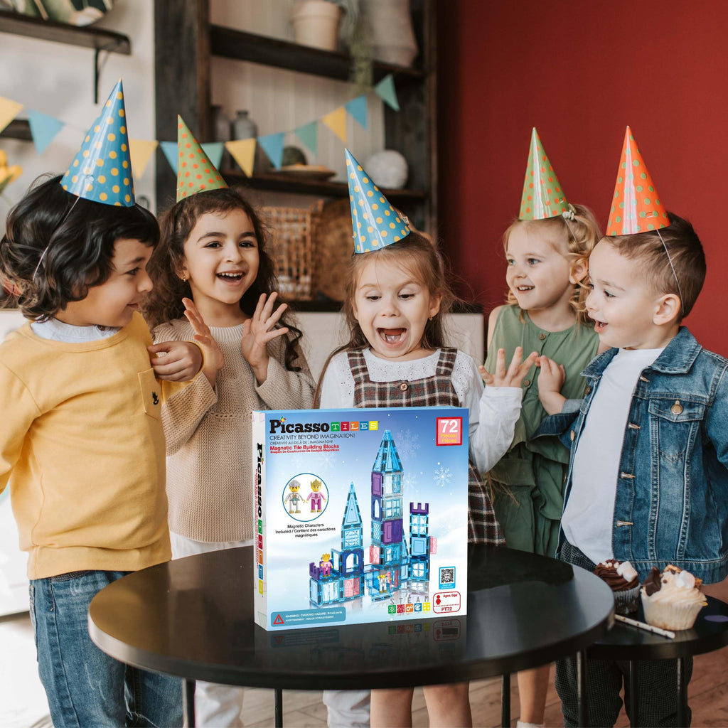 PicasssoTiles 72 Piece Magnetic Building Tiles Castle Winter Ice Theme Construction Magnet Block Set with Princess Prince Character Stairs Windows Doors STEM Learning Educational Toy Kids Ages 3+ PT72