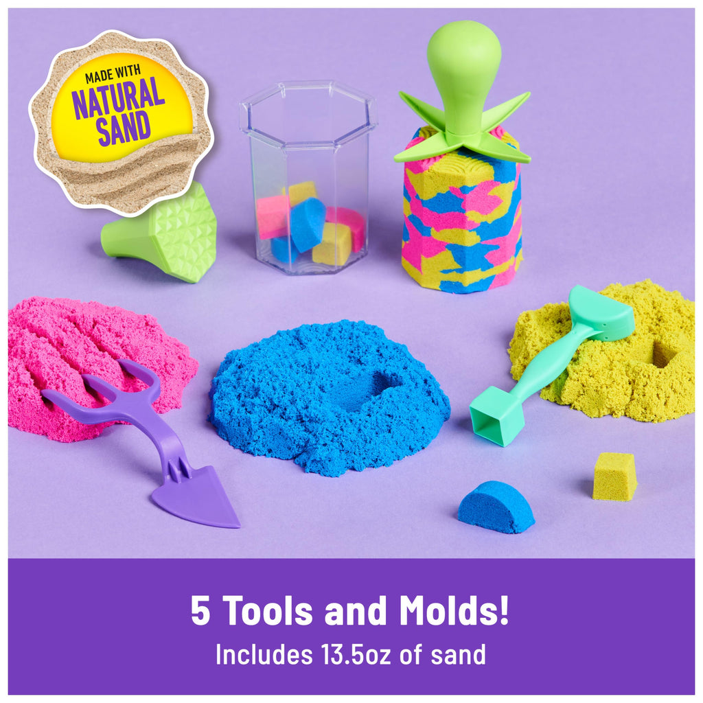 Kinetic Sand, Squish N’ Create Playset with 13.5oz Blue, Yellow & Pink Play Sand, 5 Tools, Sensory Toys for Kids Ages 3 and up