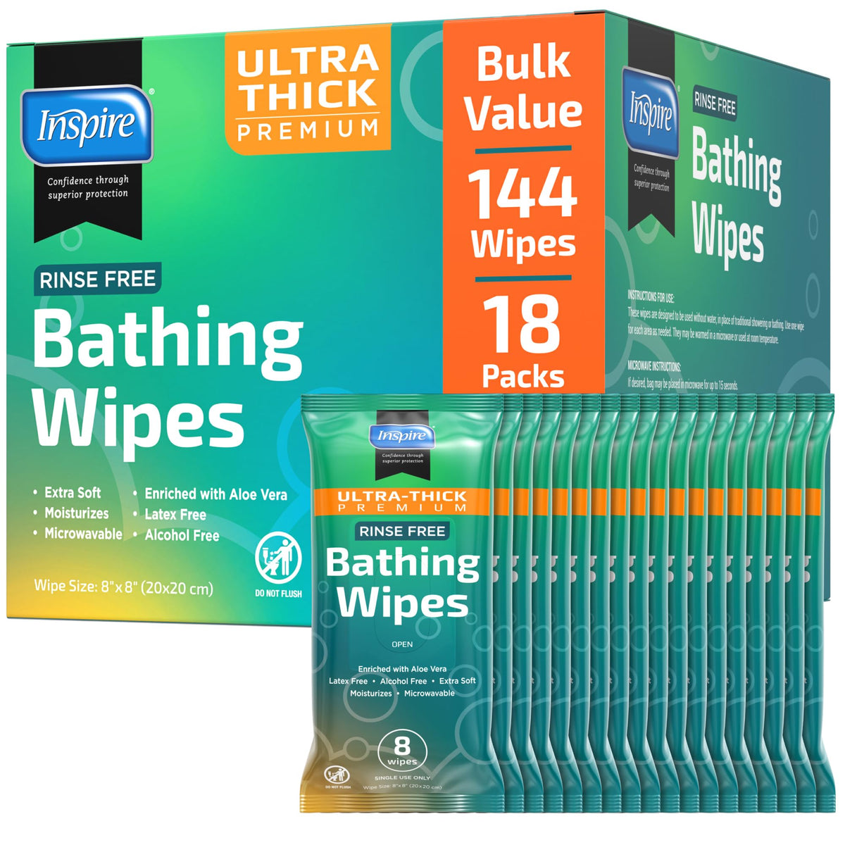 Extra Rinse Inspire Ultra Thick Rinse Free Body Wipes, Bathing Wipes, Rinse Free ...