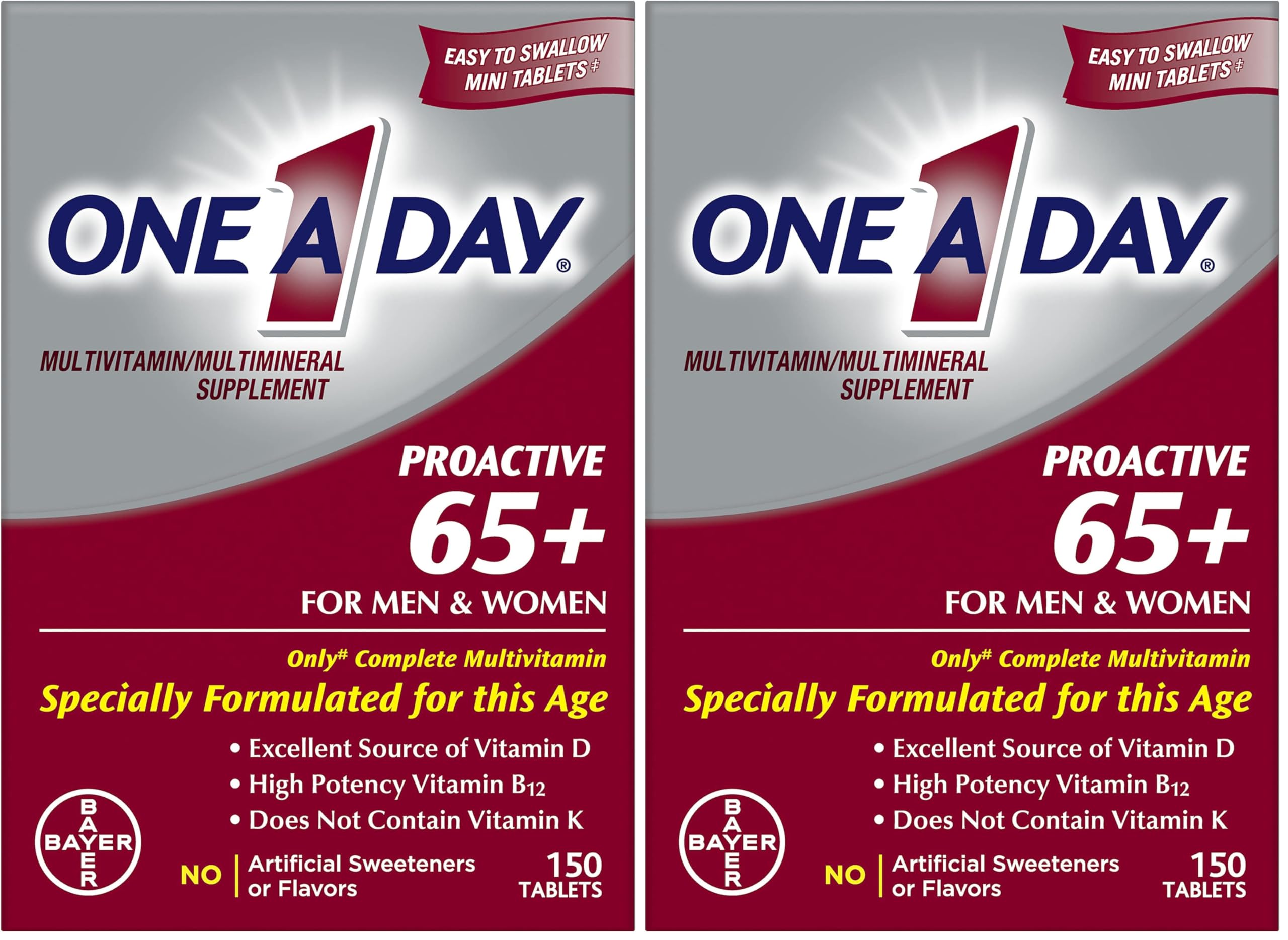 ONE A DAY Proactive 65+, Mens & Womens Multivitamin, Supplement with Vitamin_A, Vitamin_C, Vitamin_D, and Zinc for Immune Health Support*, Calcium, Folic Acid & More, Tablet, 150 Count (Pack of 2)